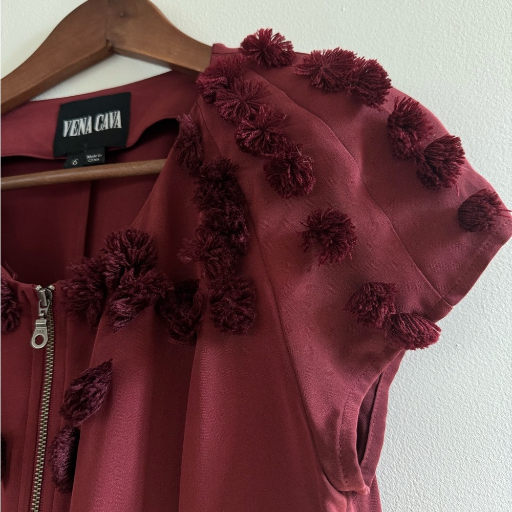 Vena Cava Burgundy Dress with Pom Pom Details and Zipper